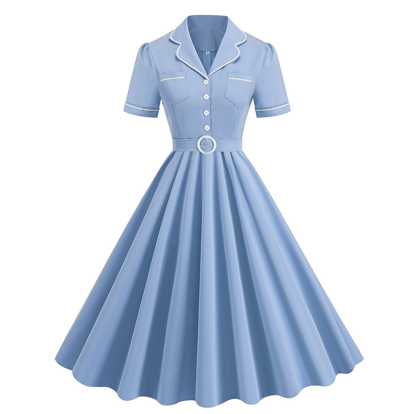 Women's 1950s Solid Blue Lapel Collar Short Sleeve Swing Dress