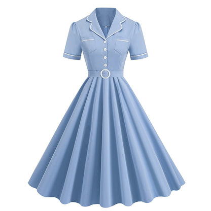 Women's 1950s Solid Blue Lapel Collar Short Sleeve Swing Dress