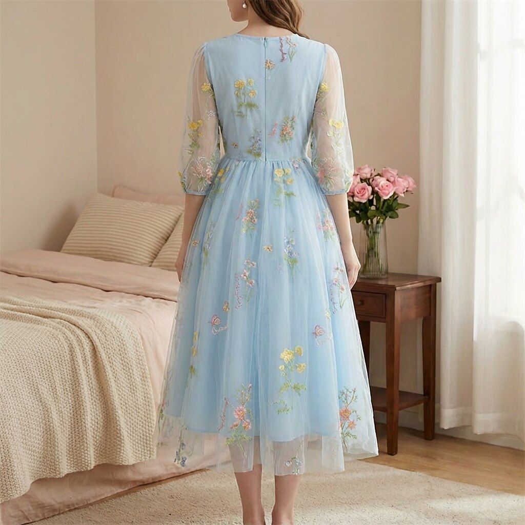 Floral Embroidered V-Neck Midi Dress