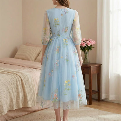 Floral Embroidered V-Neck Midi Dress