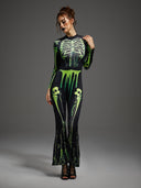 Leotard svasato da donna di Halloween con scheletro verde neon