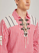 Men’s Oktoberfest Trachten Shirt Red Gingham Check Lace-Up Front
