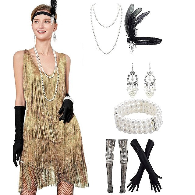 Sequin Fringe Charleston Dress with Accessories Set