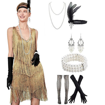 Sequin Fringe Charleston Dress with Accessories Set