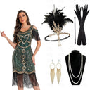 Vestido flapper con ribete de flecos y lentejuelas con set de accesorios