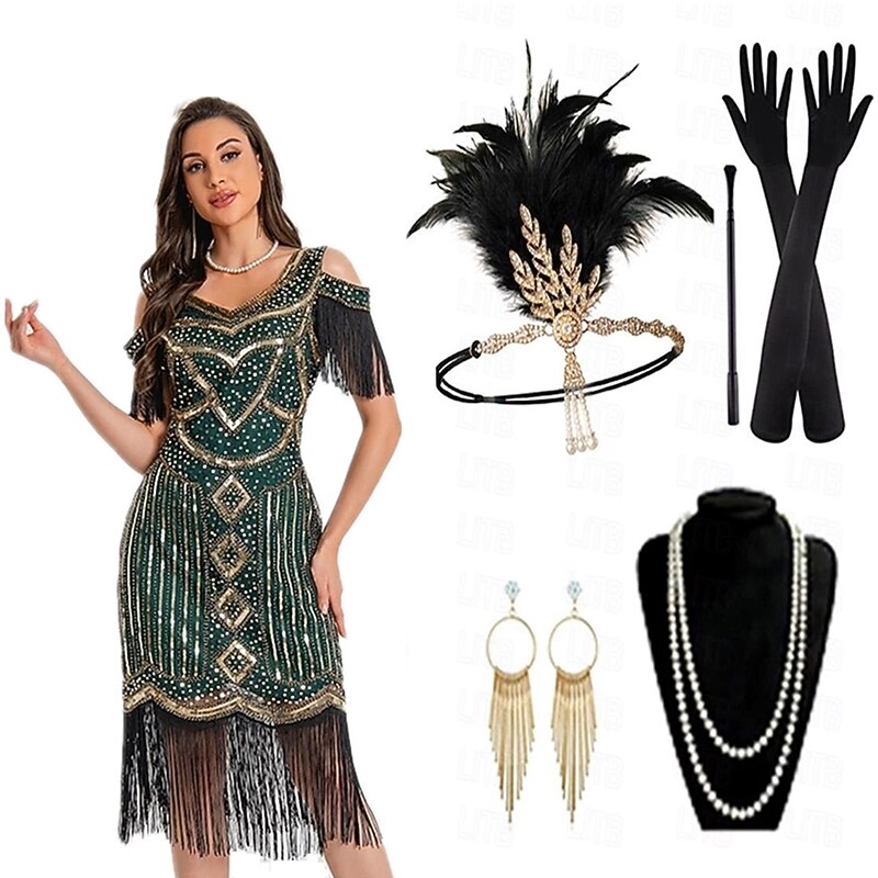 Sequin Tassel Trim Flapper Dress with ACCs