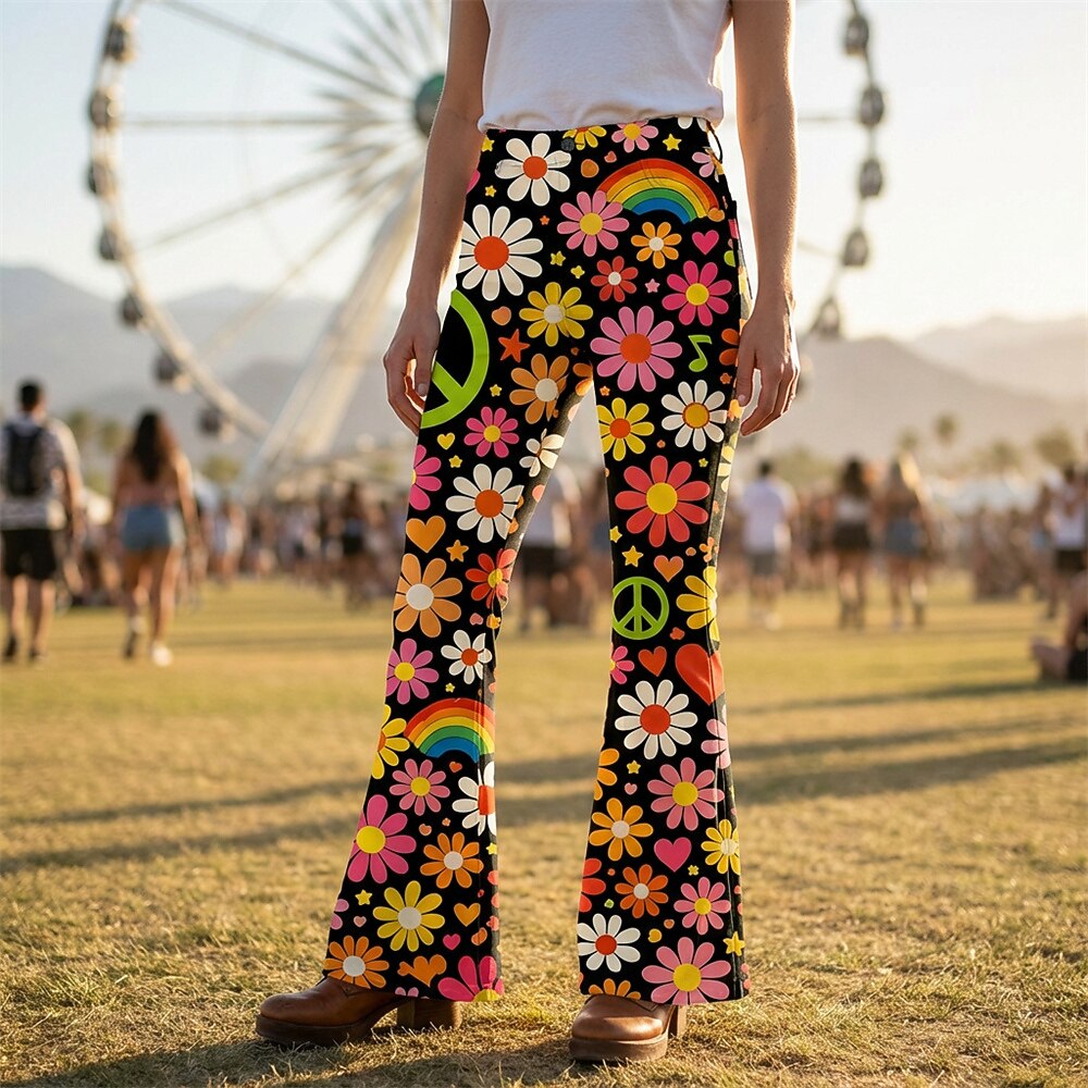 Retro 70s Peace Sign Floral Rainbow High Waist Wide Flared Trousers
