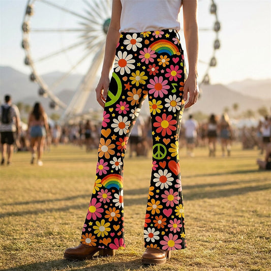Retro 70s Peace Sign Floral Rainbow High Waist Wide Flared Trousers