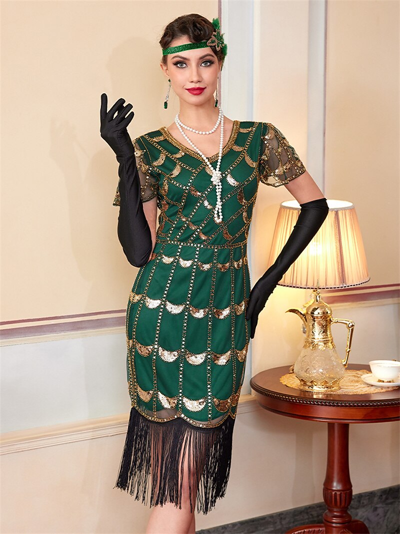 Green Sequin Pattern Flapper Dress