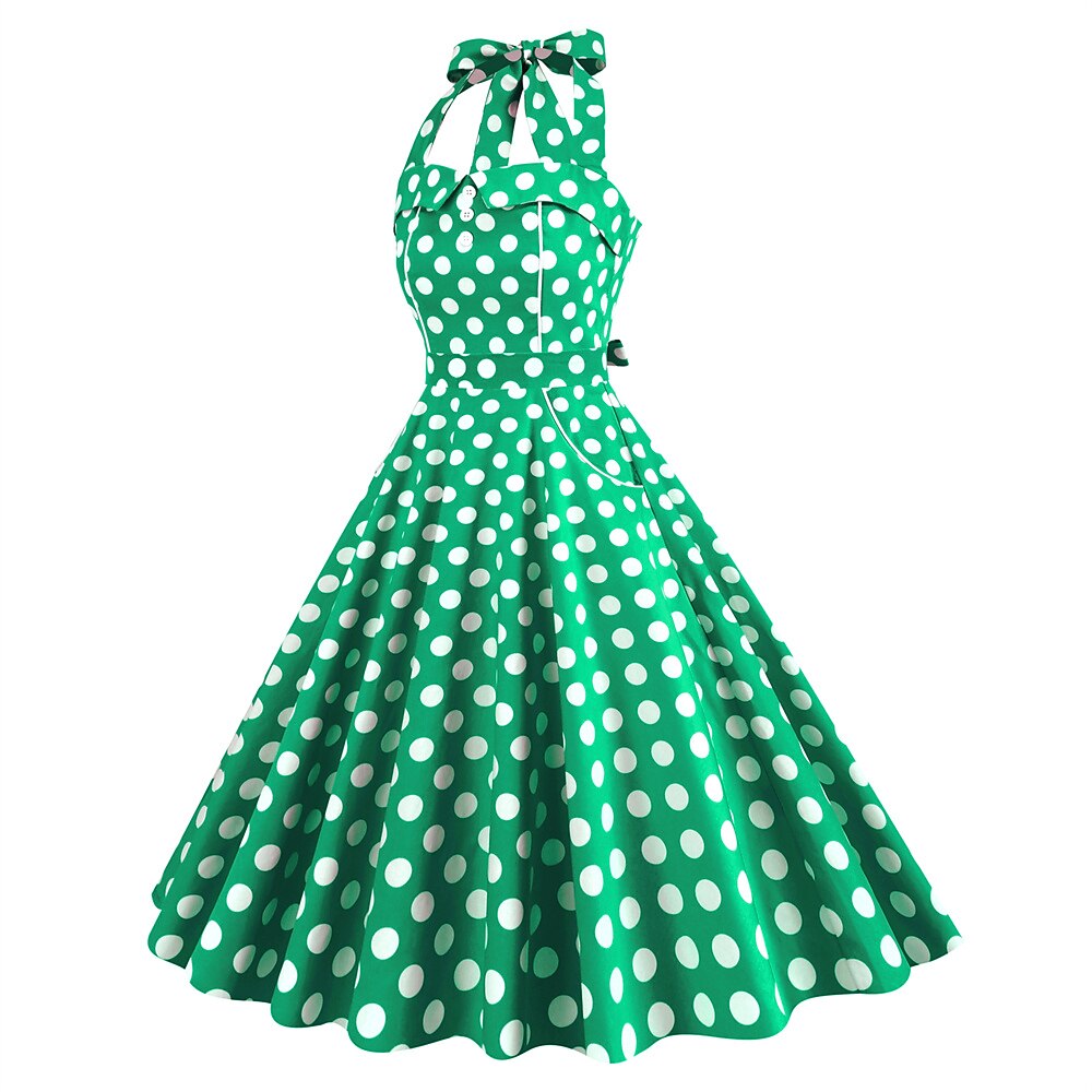 Women's 1950s Polka Dot Halter Neck Swing Dress