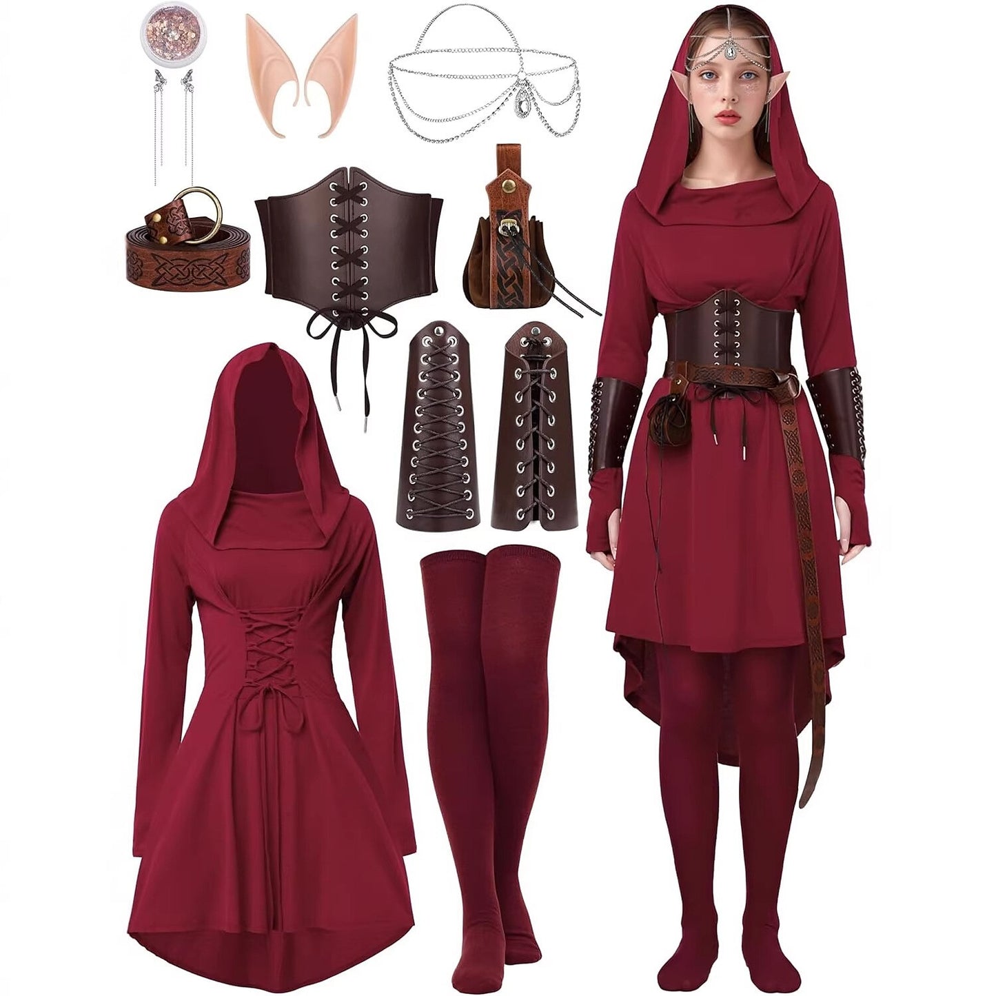 Medieval Asymmetrical Dress with Headpiece Corset Armors