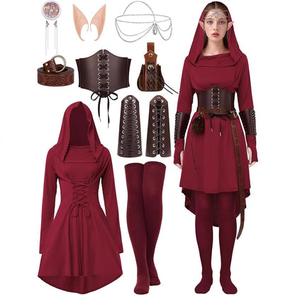 Medieval Asymmetrical Dress with Headpiece Corset Armors