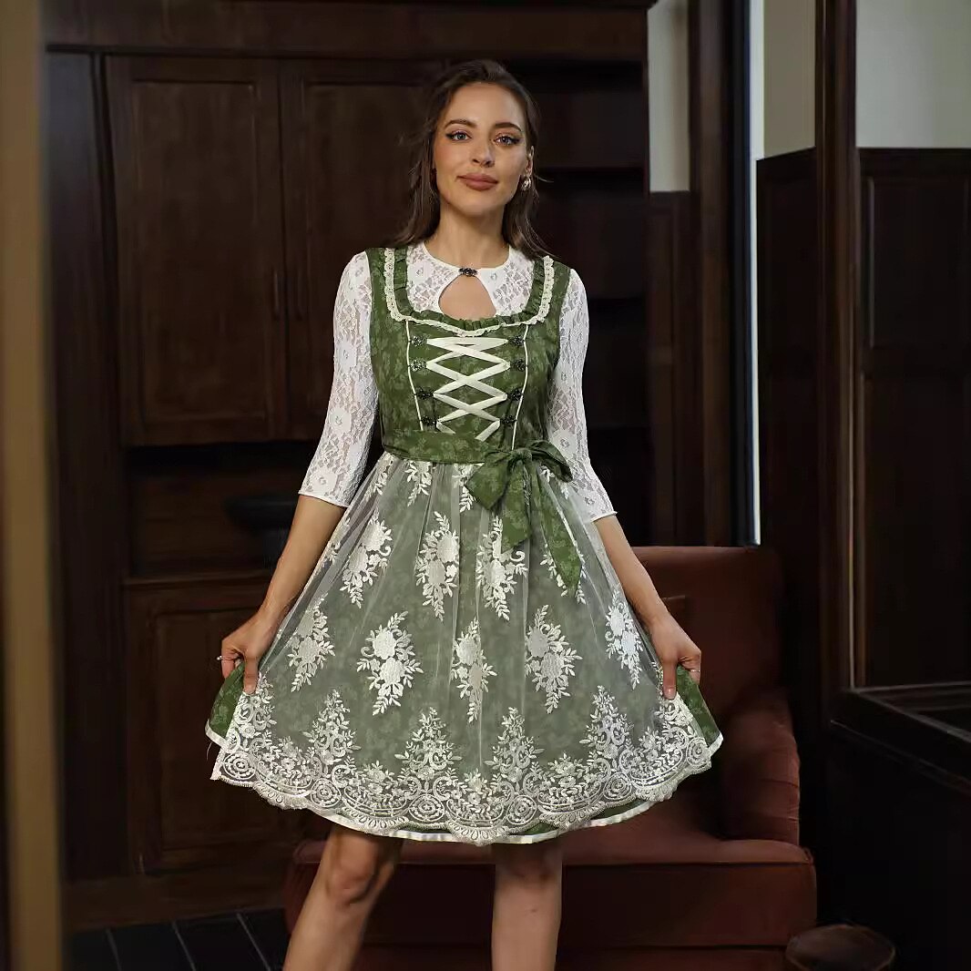 Oktoberfest Floral Green Dirndl with Embroidery Apron