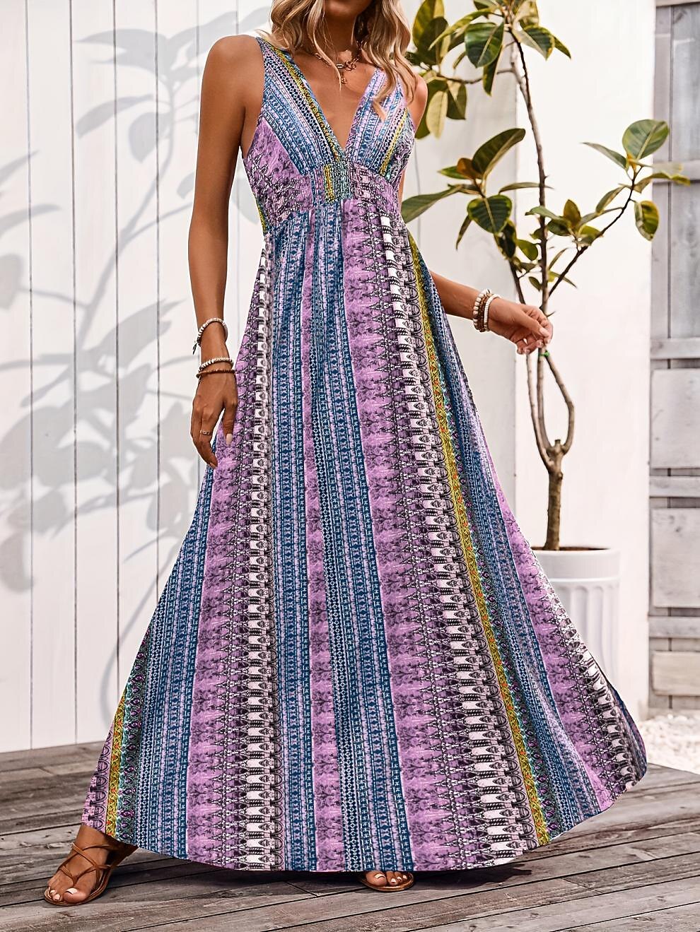 Retro 70s Bohemian Ethnic V-neck Empire Waist Flowy Maxi Dress