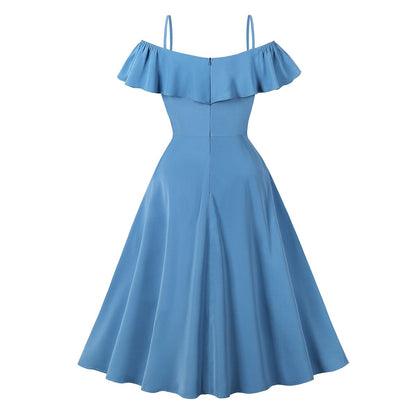 Women's 1950s Off the Shoulder Ruffle A-Line Dress