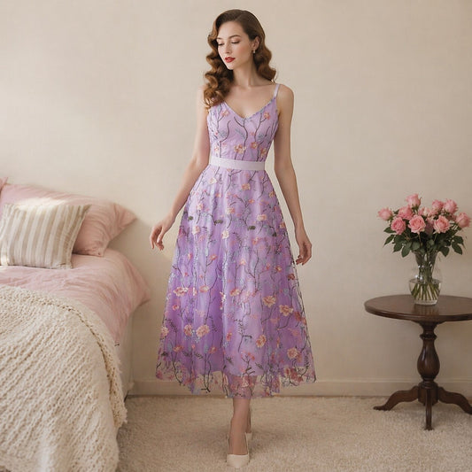 Floral Embroidered V-Neck Midi Dress