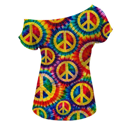 Retro 70s Peace Symbol Tie-Dye One Shoulder Short Sleeves T-shirt
