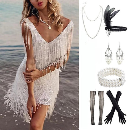 Sequin Fringe Charleston Dress with Accessories Set