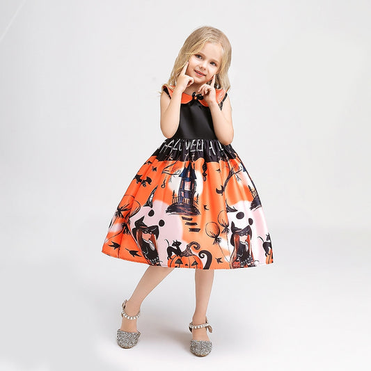 Girls Halloween Pumpkin Print Dress