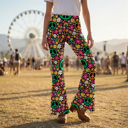 Retro 70s Peace Sign Floral Rainbow High Waist Wide Flared Trousers