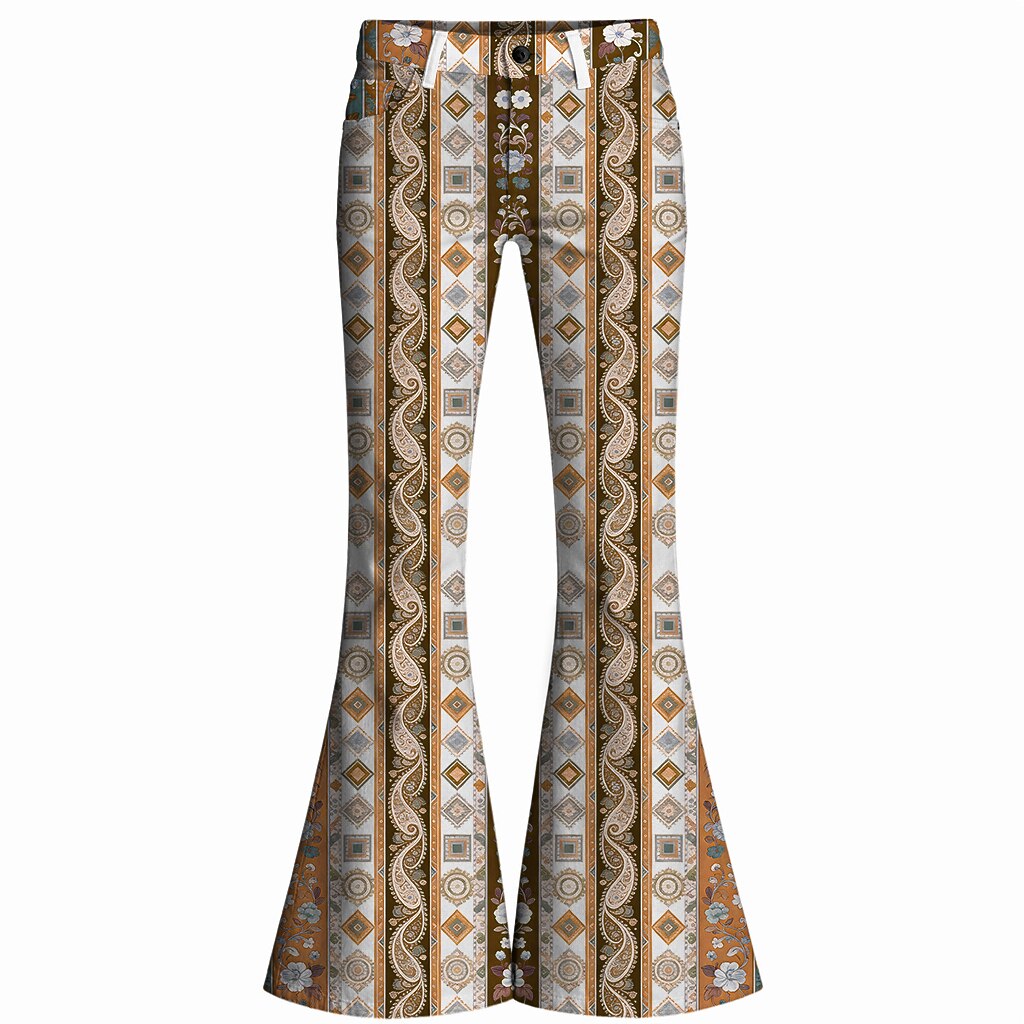 Retro 70s Paisley Geometric High Waist Wide Flared Trousers
