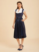 Navy Blue Midi Dirndl Dress with Satin Apron & Pockets