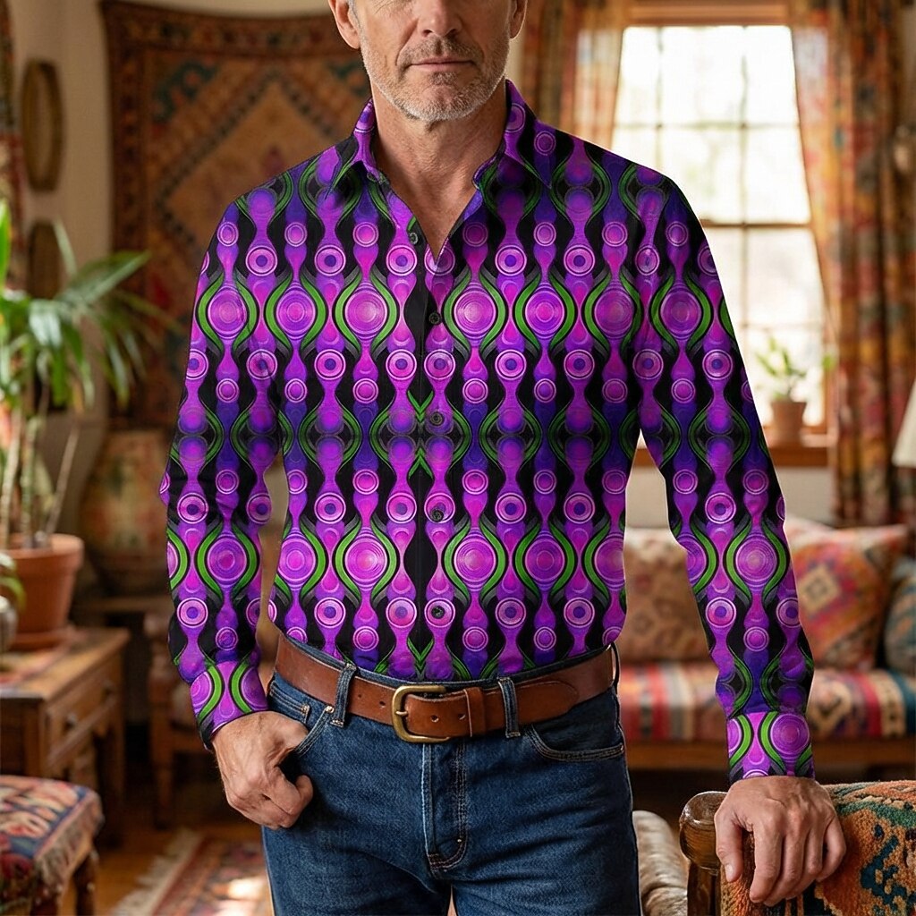 Retro 70S Abstract Geometric Teardrop Long Sleeves Collar Shirt