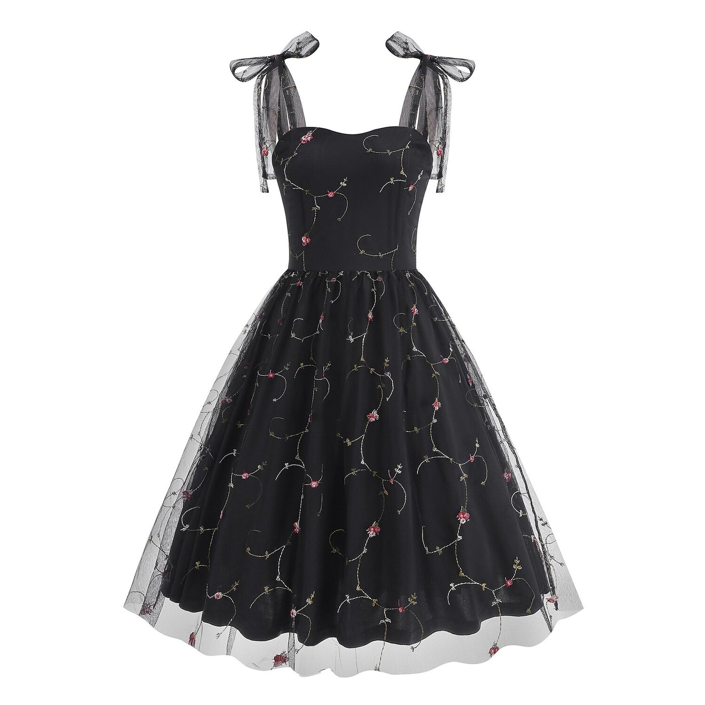 Embroidered Tie Strap Midi Dress