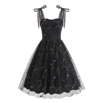 Embroidered Tie Strap Midi Dress