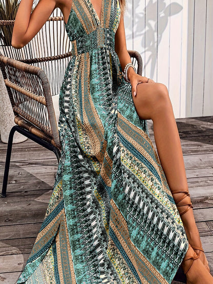 Retro 70s Bohemian Ethnic V-neck Empire Waist Flowy Maxi Dress