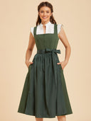 Vestido dirndl verde sólido para mujer con delantal brillante con lazo