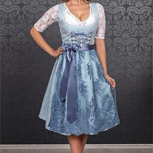 Oktoberfest Elegant Blue Dirndl Dress with Apron