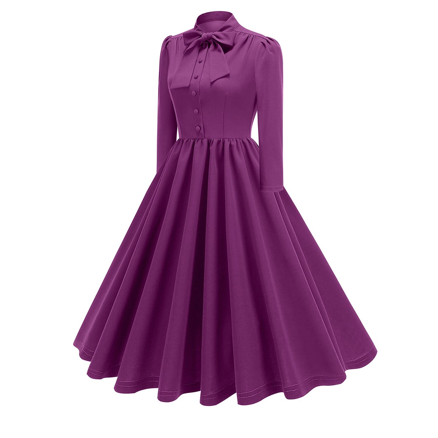 Women's 1950s Bow Tie Neck Long Sleeve A-Line Dress