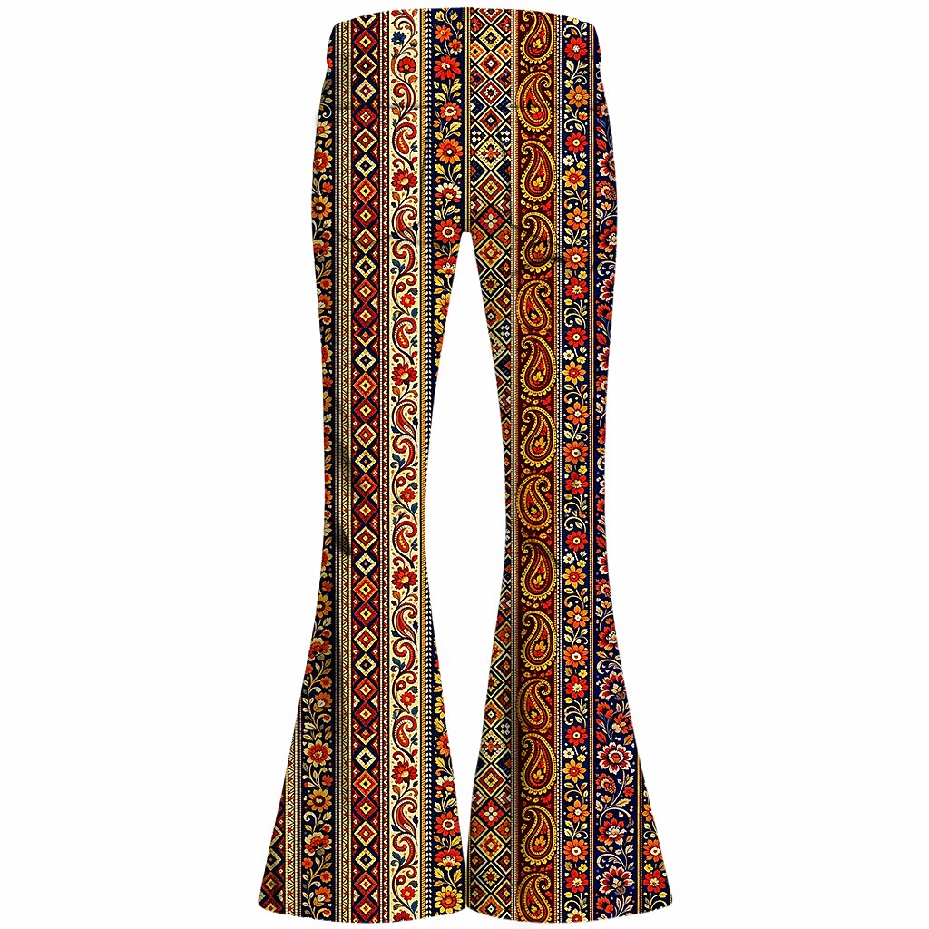 Retro 70s Boho Paisley Stripe High Waist Wide Flared Trousers