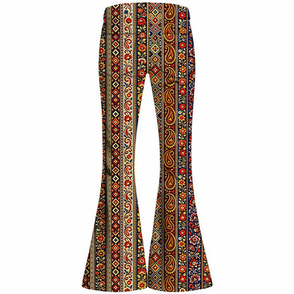 Retro 70s Boho Paisley Stripe High Waist Wide Flared Trousers