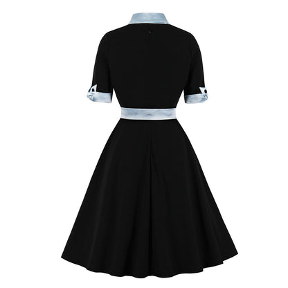 Women's 1950s Contrast Color Block Lapel Collar Belted A-Line Dress
