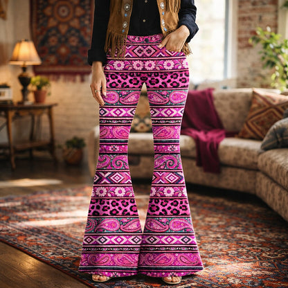 Retro 70s Bohemian Paisley High Waist Wide Flared Trousers