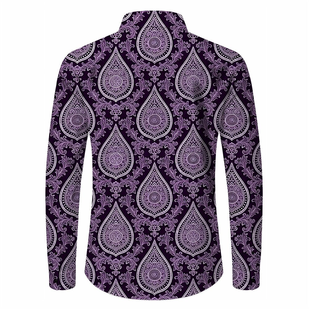 Retro 70S Vintage Purple Paisley Pattern Long Sleeves Collar Shirt