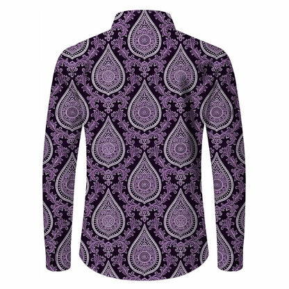 Retro 70S Vintage Purple Paisley Pattern Long Sleeves Collar Shirt