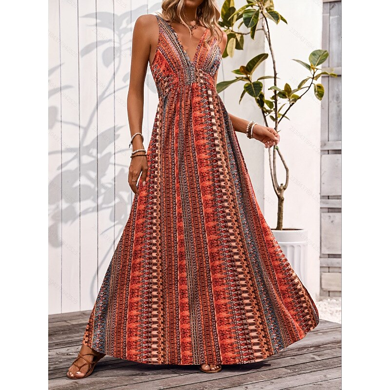 Retro 70s Bohemian Ethnic V-neck Empire Waist Flowy Maxi Dress
