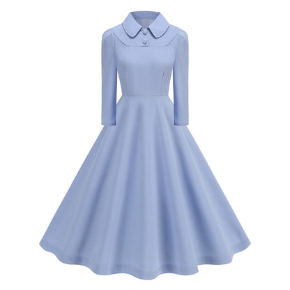 Women's 1950s Solid Color Peter Pan Collar Long Sleeve Flare Dress