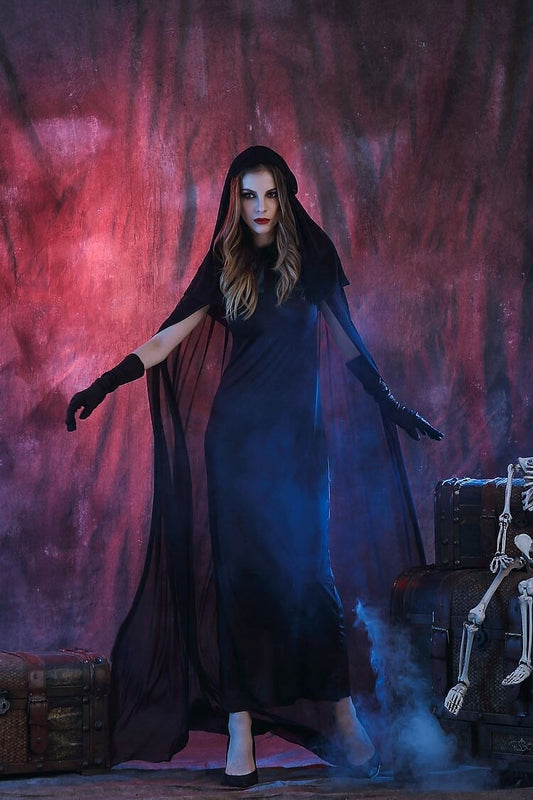Gothic Witch Costume Black Hooded Long Dress