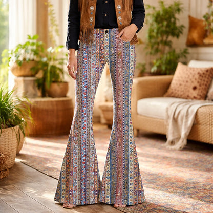 Retro 70s Boho Paisley Stripe High Waist Wide Flared Trousers
