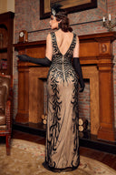 Elegante vestido de noche de lentejuelas y encaje con detalles de plumas