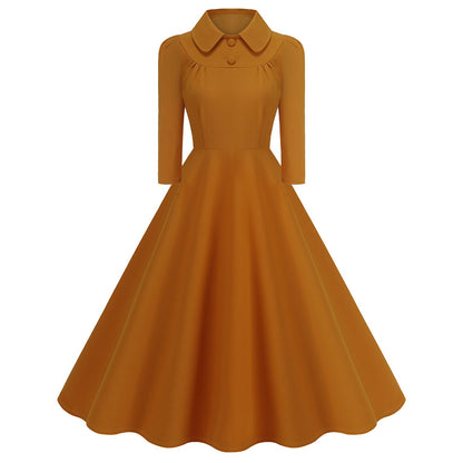 Women's 1950s Solid Color Peter Pan Collar Long Sleeve Flare Dress
