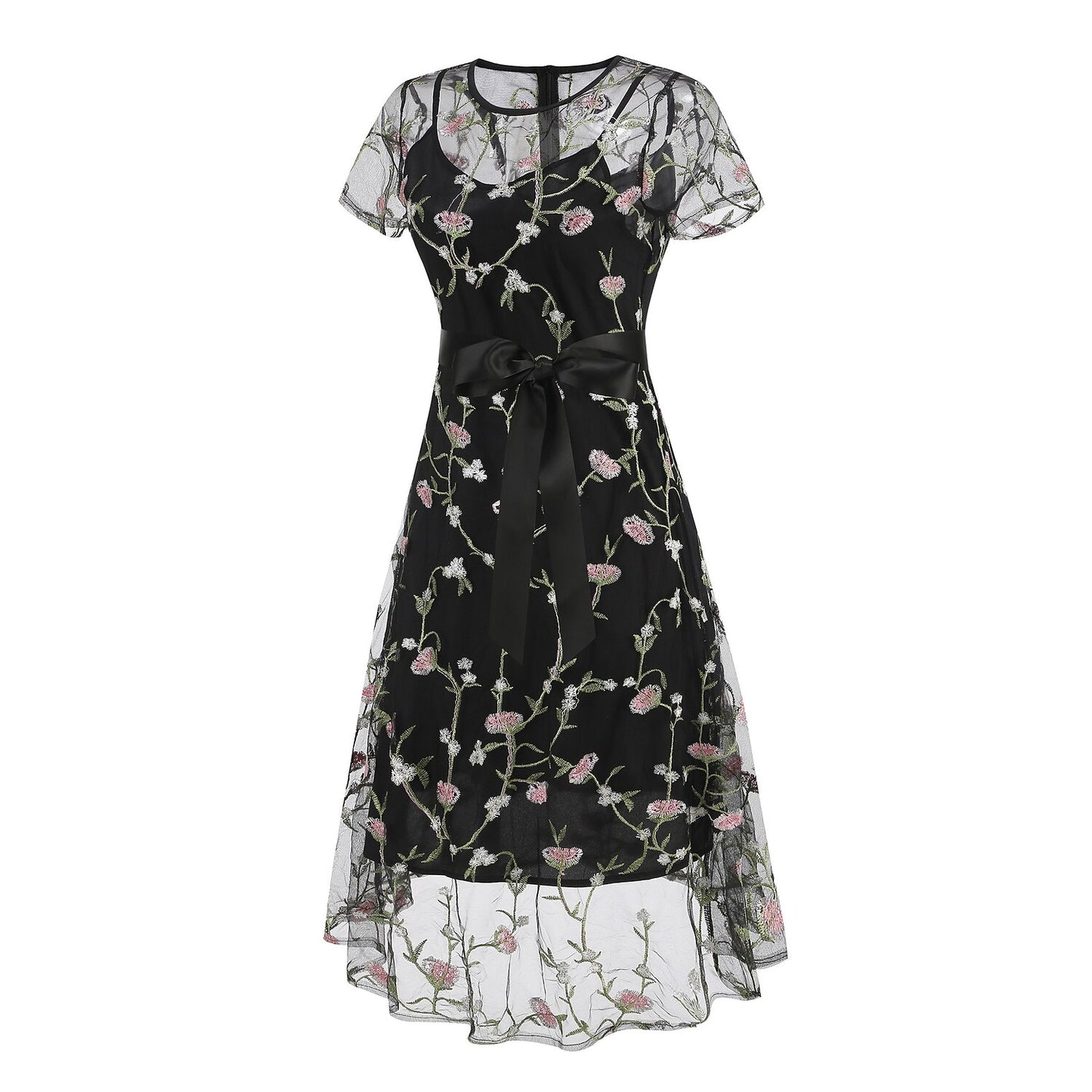 Floral Embroidered Mesh Midi Dress