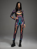 Leotard da donna di Halloween con scheletro e zucca di Halloween neon