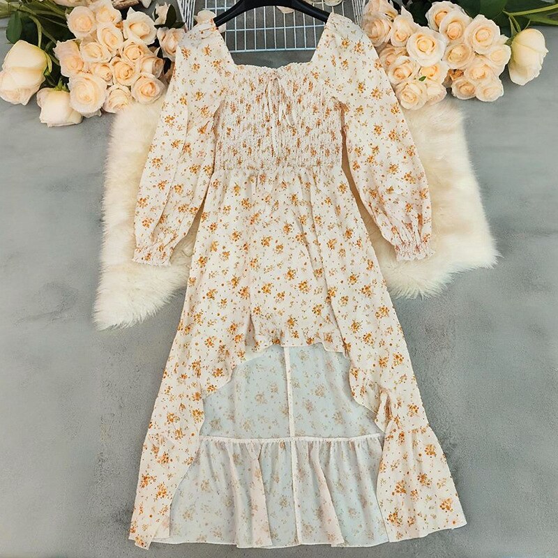 Retro 70s Bohemian Floral High-low Smocked Maxi Dress