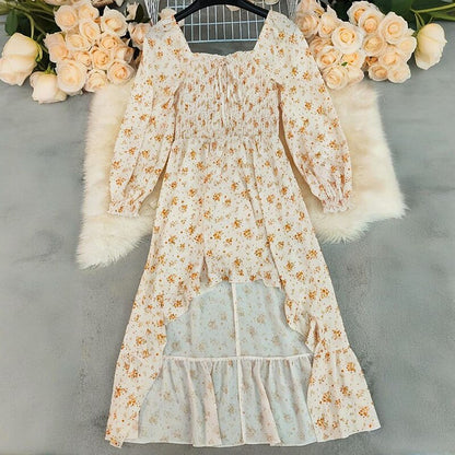 Retro 70s Bohemian Floral High-low Smocked Maxi Dress