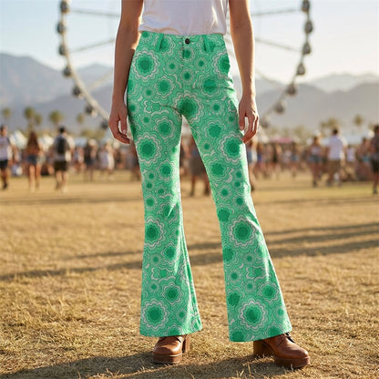Retro 70s Geometric Floral High Waist Wide Flared Trousers
